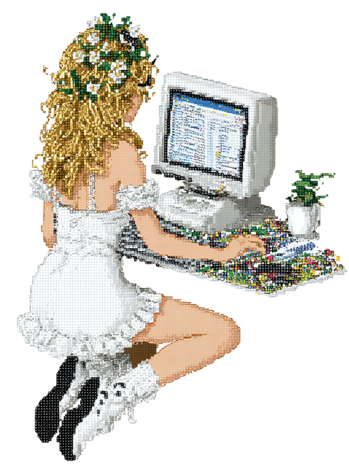 pixel art girl sitting at a retro computer
